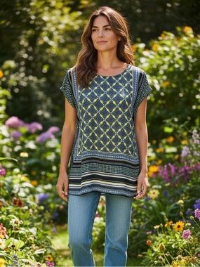 Valerie Stevens Navy and Yellow Patterned Sleeveless Tunic